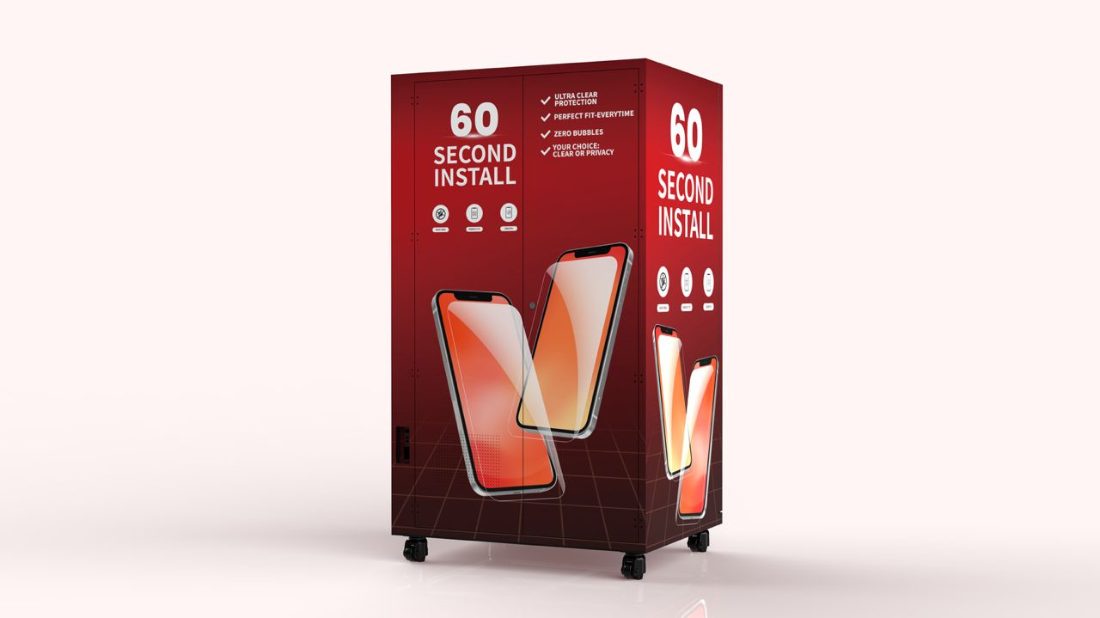 WrapidTech kiosk, angled view showing double-sided branding